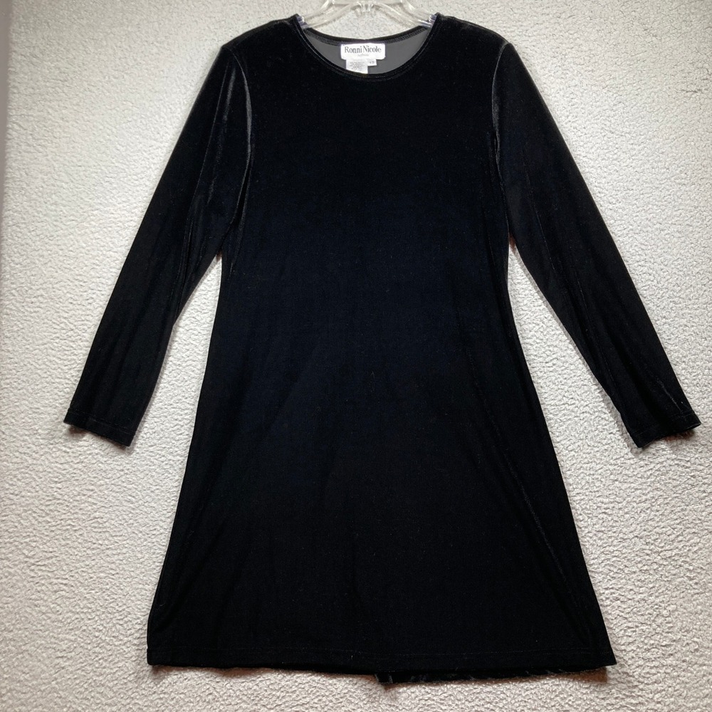 Ronni Nicole Velvet Dress Women 12 Black Long Sleeve A-Line Crew Neck stretch